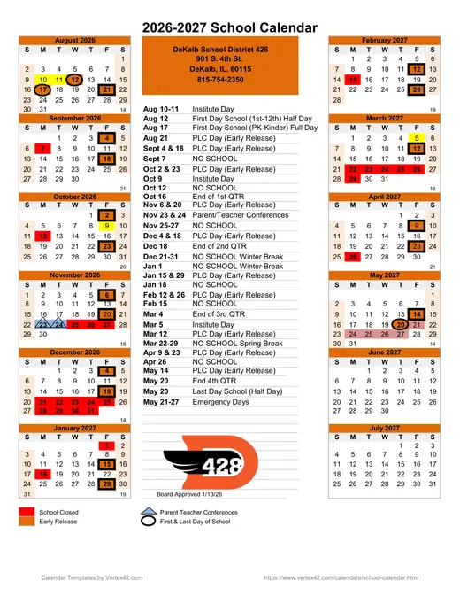 DeKalb Community Unit School District 428 2026–2027 Academic Calendar