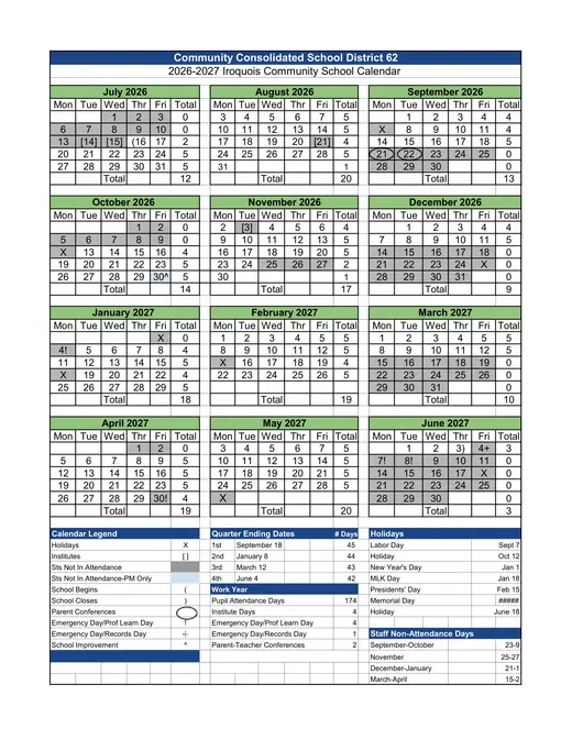 Des Plaines Community Consolidated School District 62 2026–2027 Academic Calendar