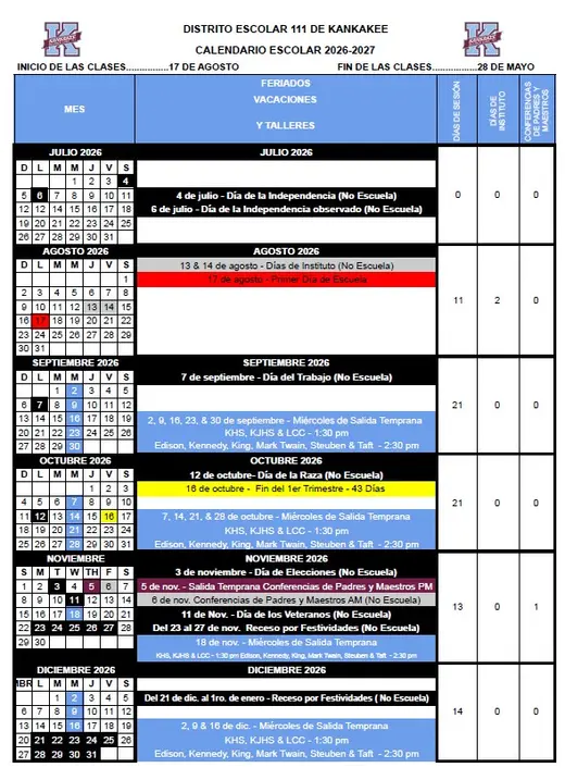 Distrito Escolar 111 de Kankakee 2026–2027 Academic Calendar Page 2