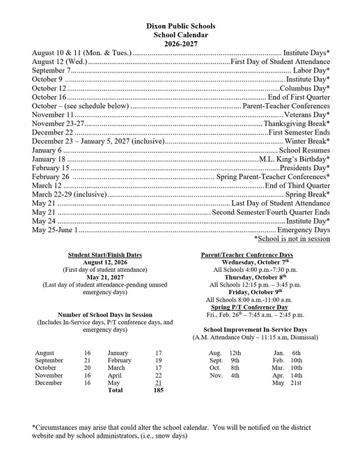Dixon Public Schools 2026–2027 Academic Calendar Page 1