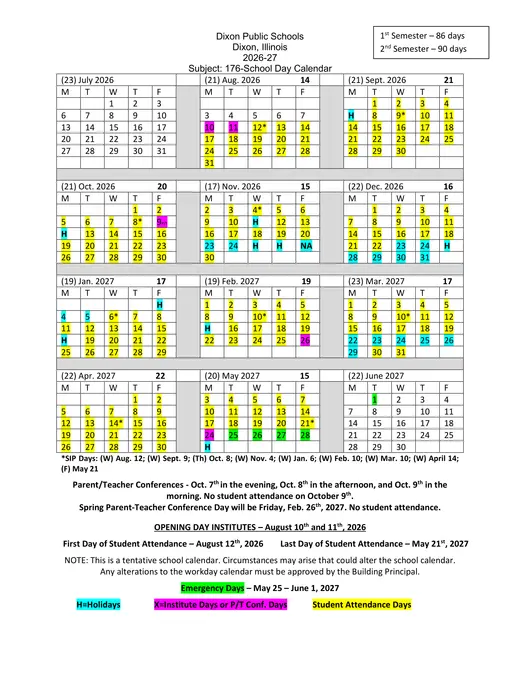 Dixon Unit School District 170 2026–2027 Academic Calendar