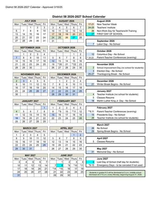Downers Grove Grade School District 58 2026–2027 Academic Calendar