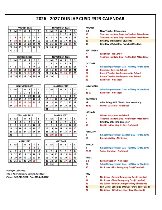 Dunlap CUSD #323 2026–2027 Academic Calendar Page 1