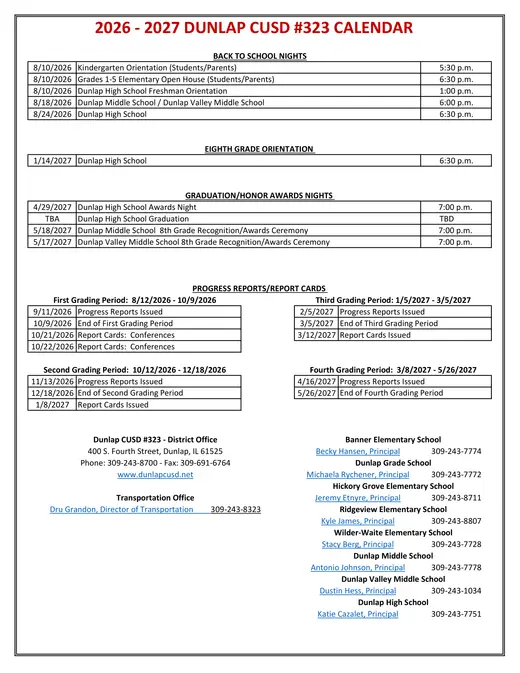 Dunlap CUSD #323 2026–2027 Academic Calendar Page 2