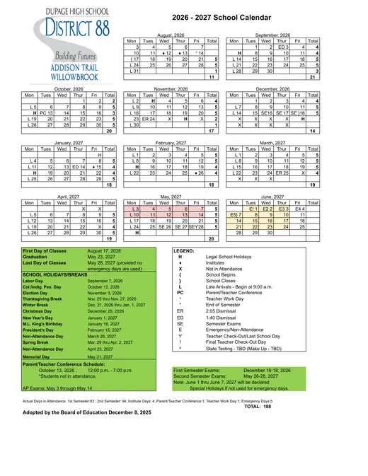 DuPage High School District 88 2026–2027 Academic Calendar