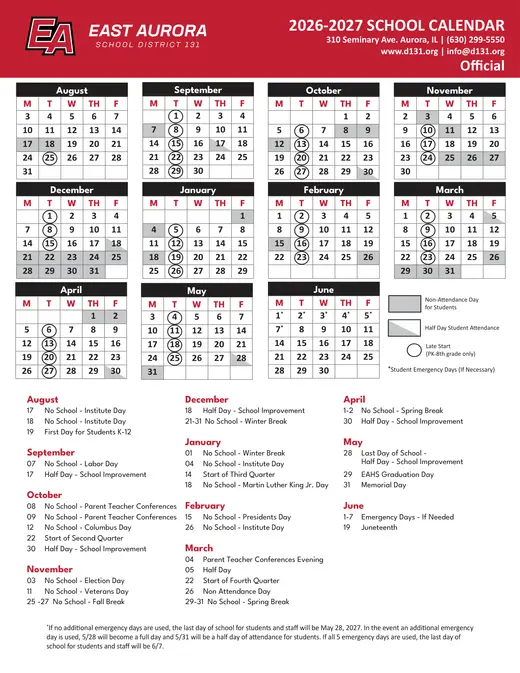 East Aurora School District 131 2026–2027 Academic Calendar