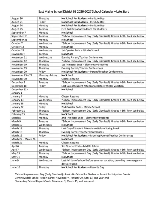 East Maine School District 63 2026–2027 Academic Calendar