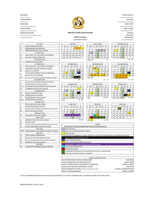 East St. Louis School District 189 2026–2027 Academic Calendar
