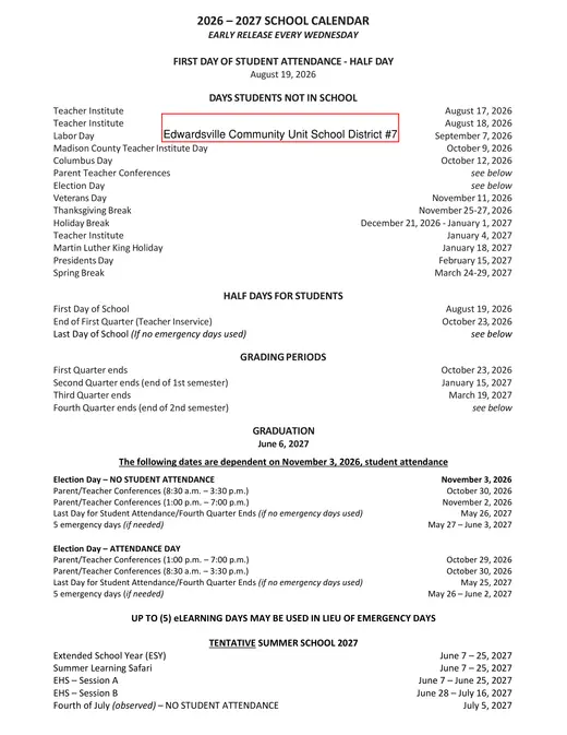 Edwardsville CUSD #7 2026–2027 Academic Calendar