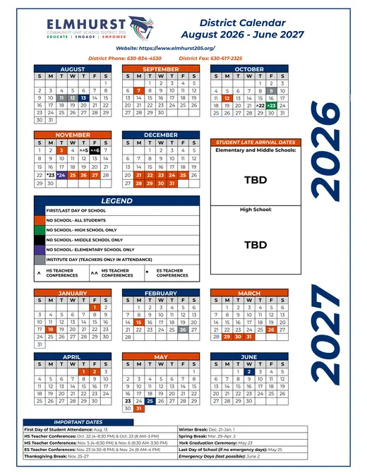 Elmhurst CUSD 205 2026–2027 Academic Calendar