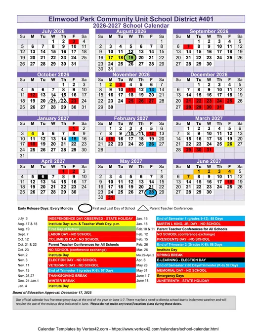 Elmwood Park Community Unit School District #401 2026–2027 Academic Calendar