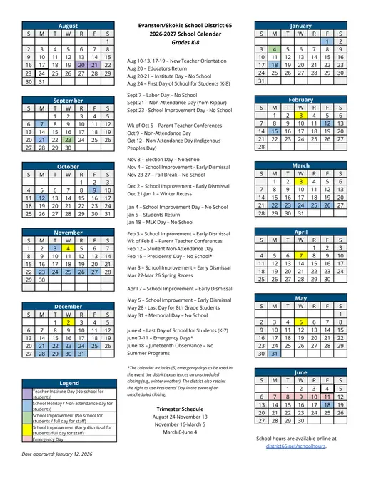 EvanstonSkokie School District 65 2026–2027 Academic Calendar