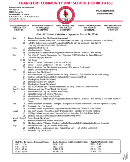 Frankfort Community Unit School District #168 2026–2027 Academic Calendar Page 1