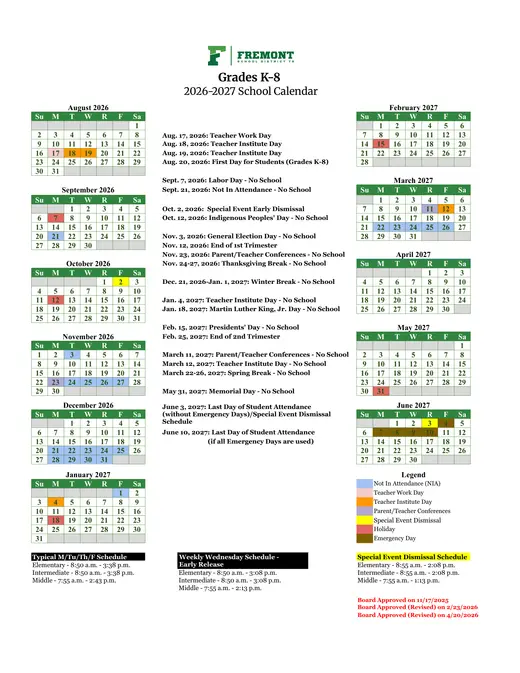 Fremont School District 79 2026–2027 Academic Calendar