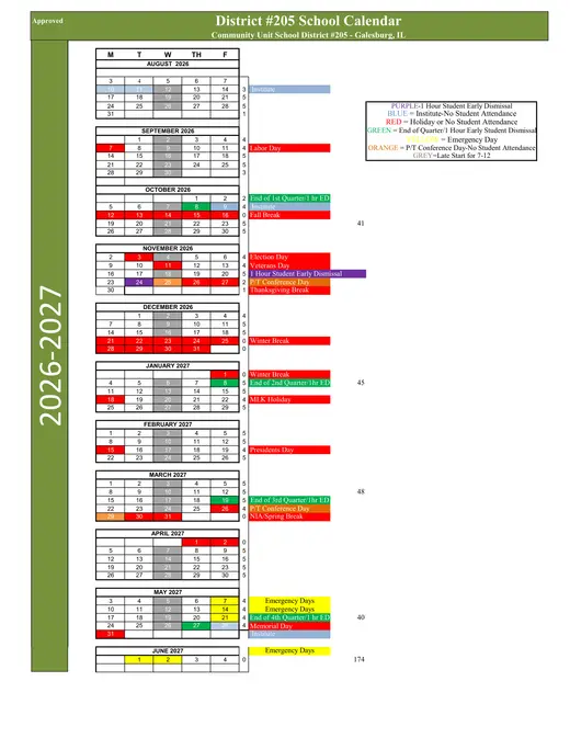 Galesburg Community Unit School District #205 2026–2027 Academic Calendar