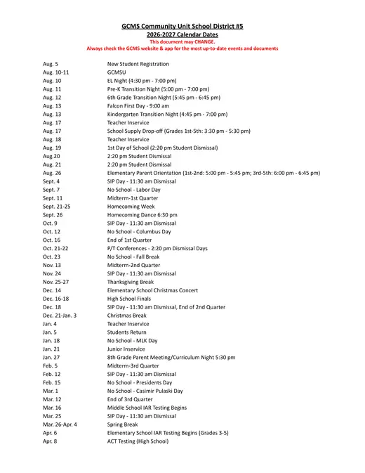 GCMS Community Unit School District #5 2026–2027 Academic Calendar Page 1