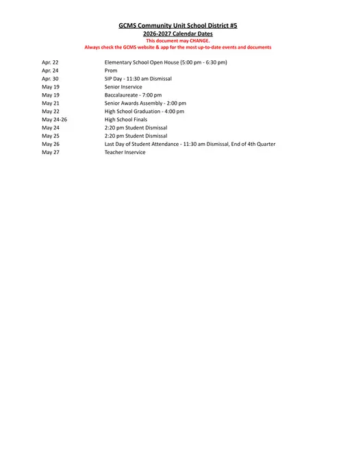 GCMS Community Unit School District #5 2026–2027 Academic Calendar Page 2