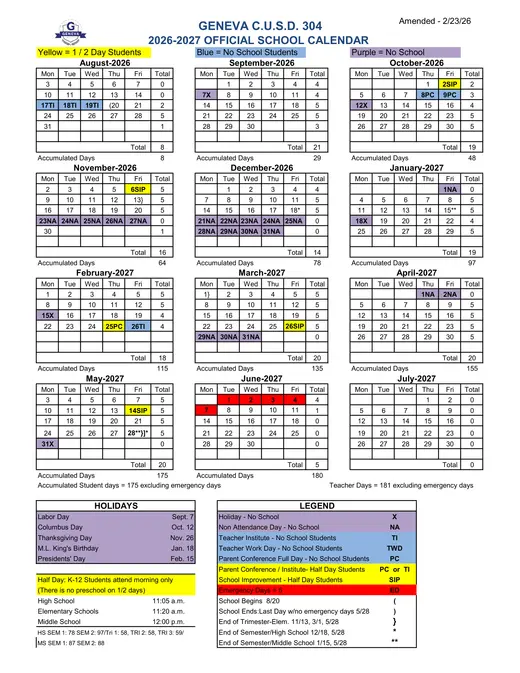 Geneva Community Unit School District 304 2026–2027 Academic Calendar