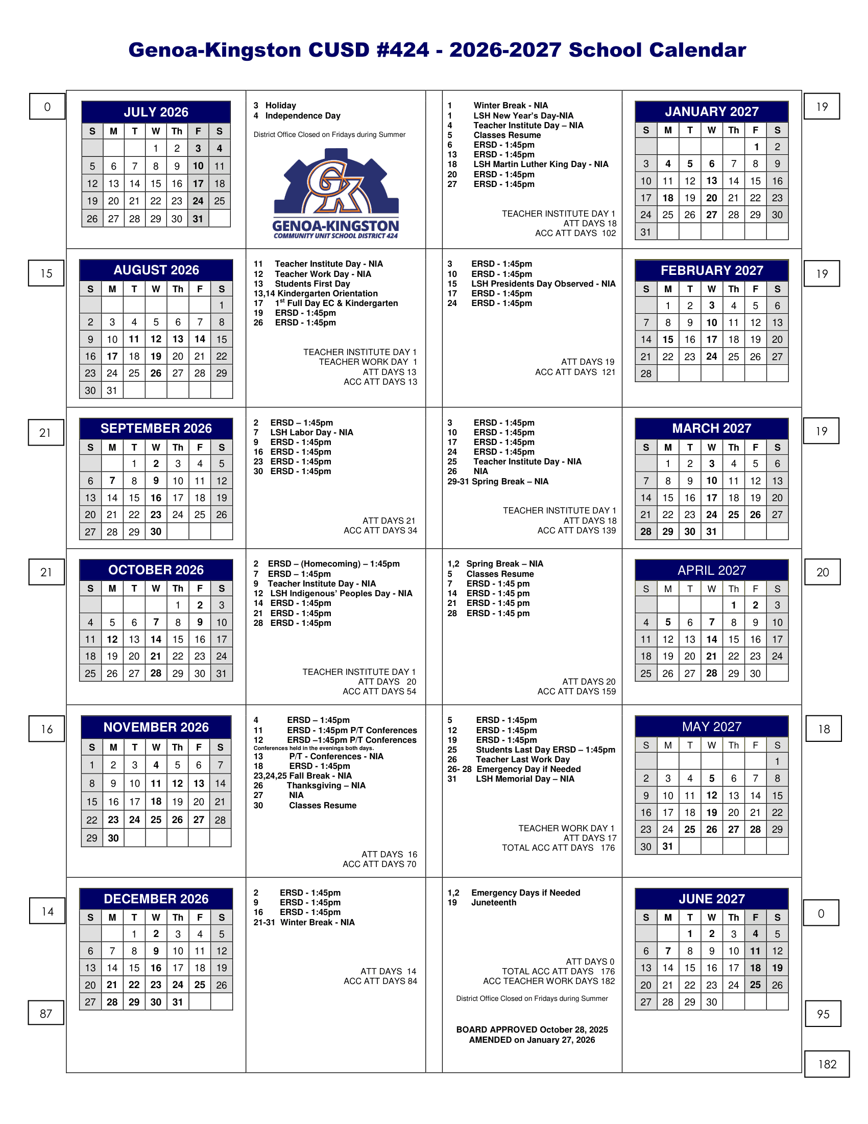 Genoa-Kingston CUSD #424 School Calendar 26-27 | CalendarStates.com