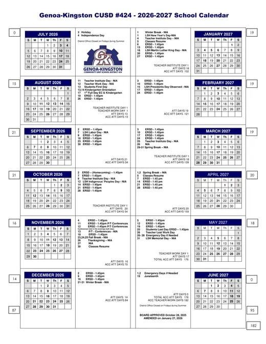 Genoa-Kingston CUSD #424 2026–2027 Academic Calendar Page 2