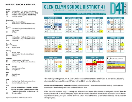 Glen Ellyn School District 41 2026–2027 Academic Calendar