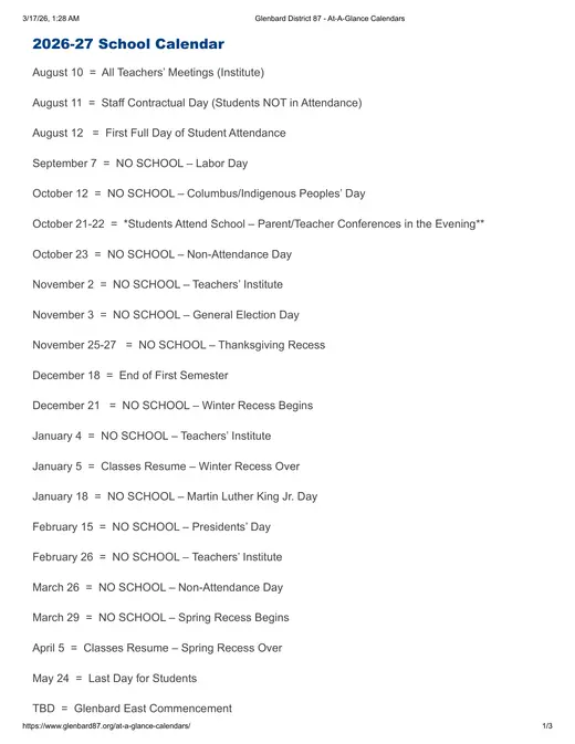 Glenbard District 87 2027–2028 Academic Calendar Page 1
