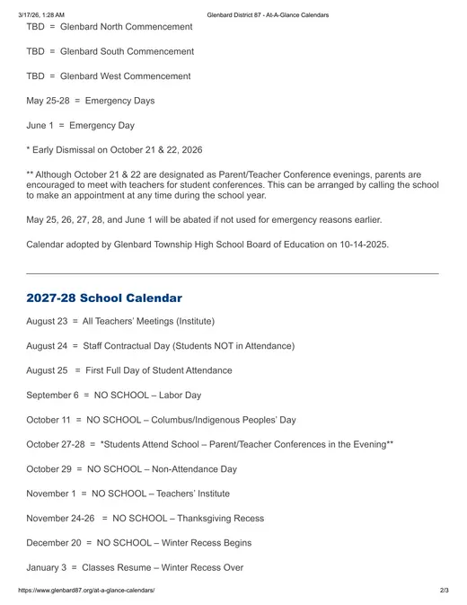 Glenbard District 87 2027–2028 Academic Calendar Page 2