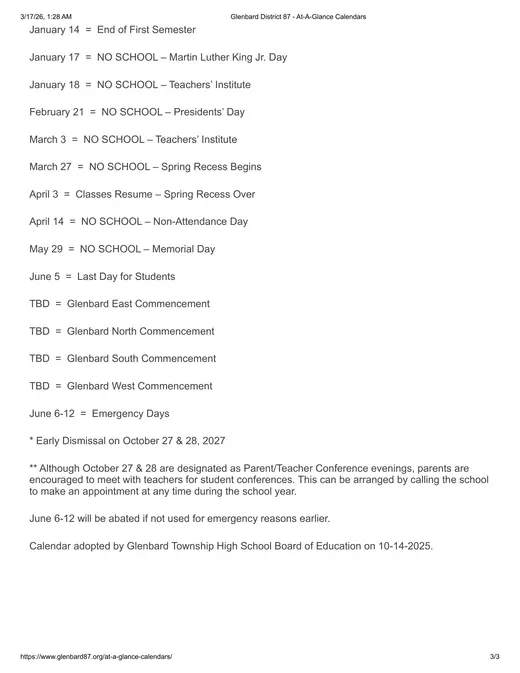 Glenbard District 87 2027–2028 Academic Calendar Page 3