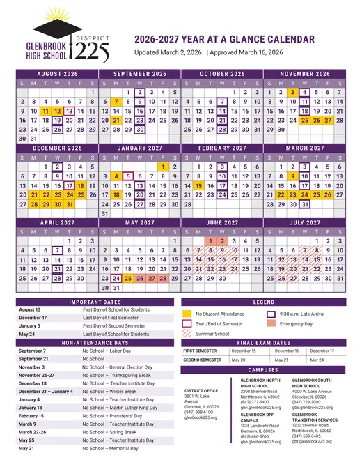 Glenbrook High School District 225 2026–2027 Academic Calendar