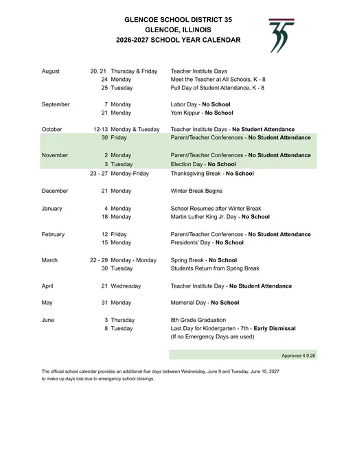 Glencoe School District 35 2026–2027 Academic Calendar