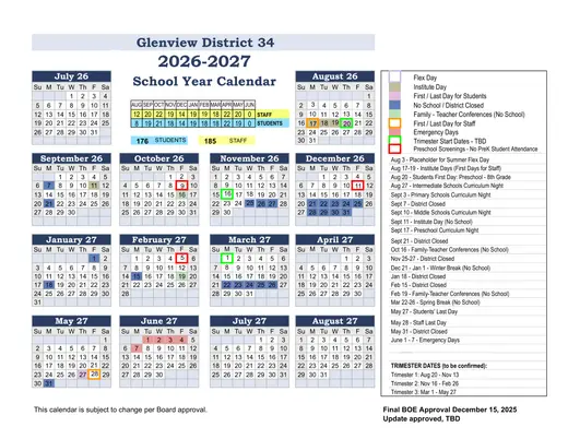 Glenview Community Consolidated School District 34 2026–2027 Academic Calendar Page 1