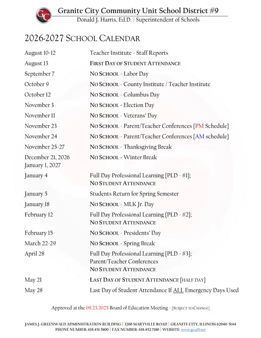 Granite City cusd #9 2026–2027 Academic Calendar