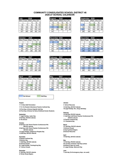 Grayslake Community Consolidated School District 46 2026–2027 Academic Calendar