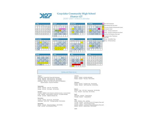 Grayslake Community High School District 127 2026–2027 Academic Calendar