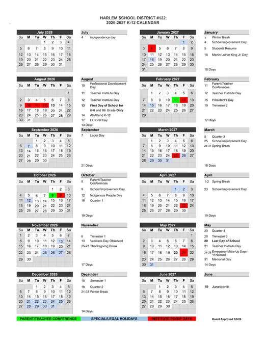Harlem School District #122 2026–2027 Academic Calendar Page 1