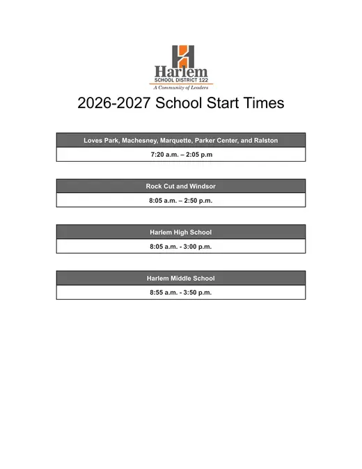 Harlem School District #122 2026–2027 Academic Calendar Page 2