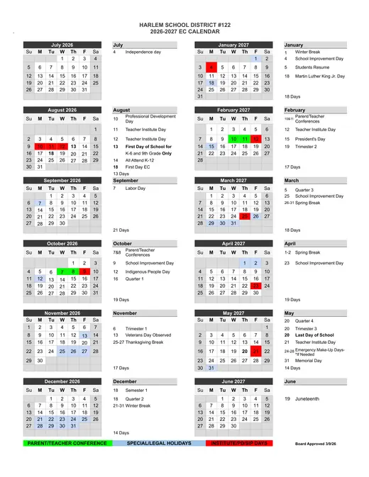Harlem School District #122 2026–2027 Academic Calendar Page 5