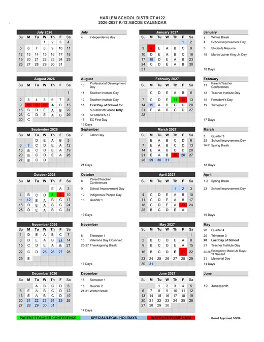 Harlem School District #122 2026–2027 Academic Calendar Page 7