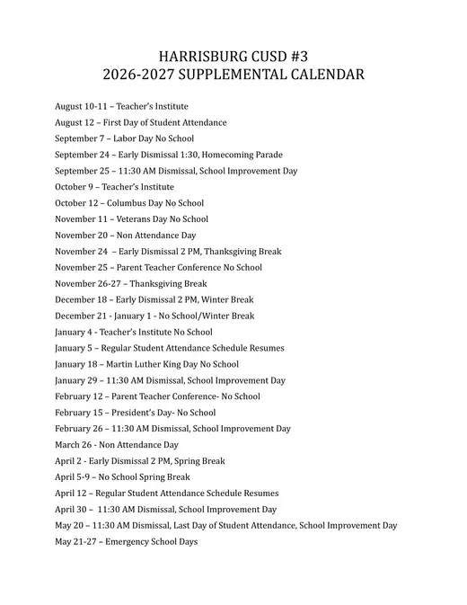 Harrisburg Cusd #3 2026–2027 Academic Calendar Page 1
