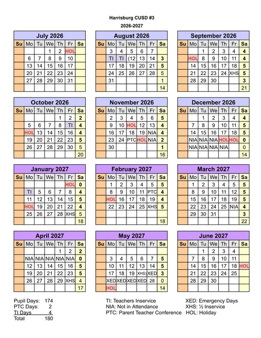 Harrisburg Cusd #3 2026–2027 Academic Calendar Page 2