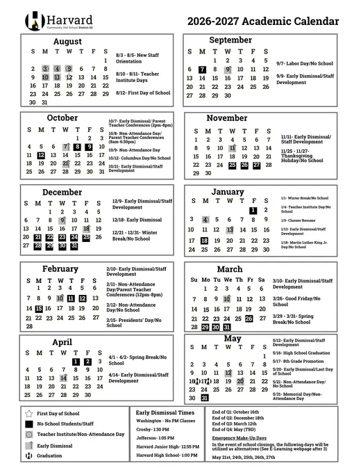 Harvard Community Unit School District 50 2026–2027 Academic Calendar Page 1