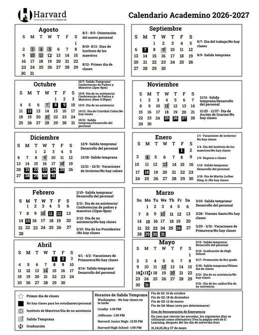 Harvard Community Unit School District 50 2026–2027 Academic Calendar Page 2