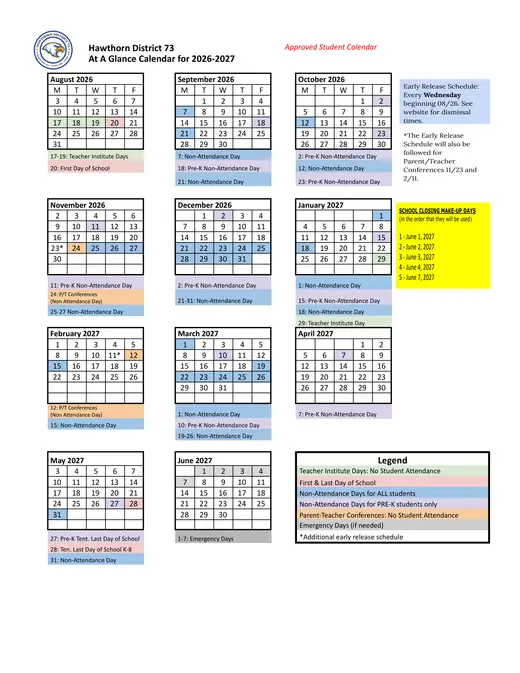 Hawthorn Community Consolidated School District 73 2026–2027 Academic Calendar