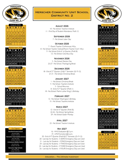 Herscher Community Unit School District No. 2 2026–2027 Academic Calendar