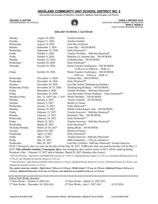 Highland Community Unit School District #5 2026–2027 Academic Calendar Page 2
