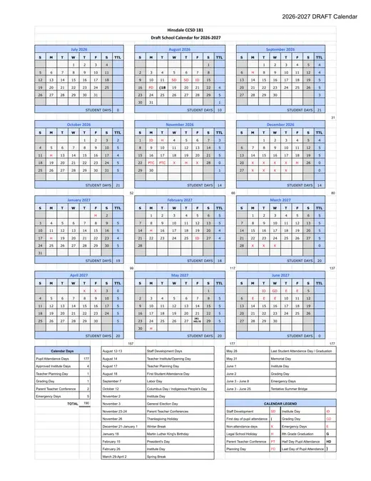 Hinsdale CCSD 181 2026–2027 Academic Calendar