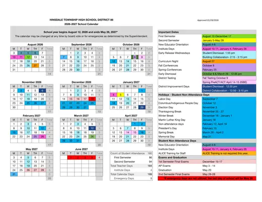 Hinsdale Township High School District 86 2026–2027 Academic Calendar