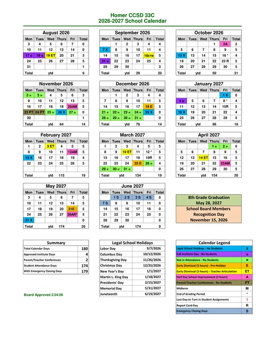 Homer CCSD 33C 2026–2027 Academic Calendar Page 1
