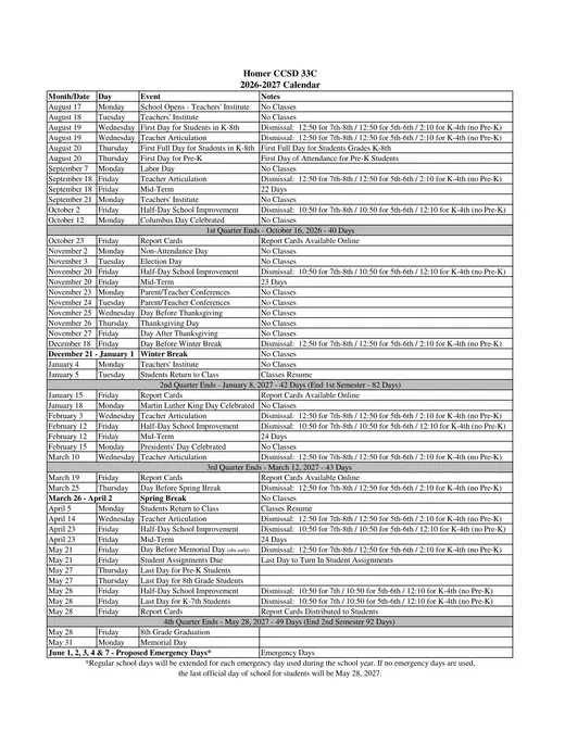 Homer CCSD 33C 2026–2027 Academic Calendar Page 2