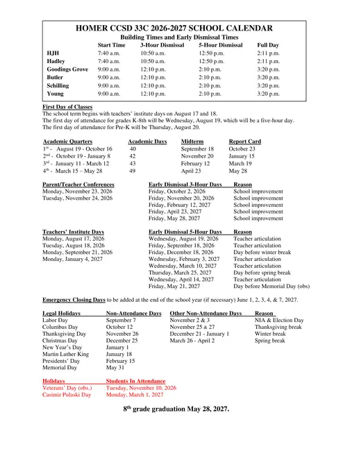 Homer CCSD 33C 2026–2027 Academic Calendar Page 3
